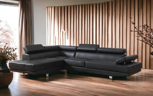 Leather Sectional with Adjustable Headrest and Chaise - Black