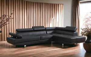 Leather Sectional with Adjustable Headrest and Chaise - Black