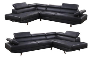 Leather Sectional with Adjustable Headrest and Chaise - Black