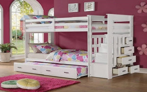 Bunk Bed - Double over Double with Trundle, Drawers, Staircase Solid Wood - White